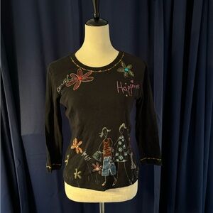 vintage graphic shirt 3/4 length sleeves with beaded and embroidered detailing